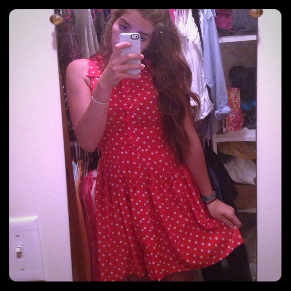 A red and white polka-dotted dress