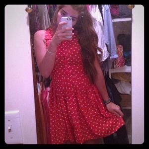 A red and white polka-dotted dress