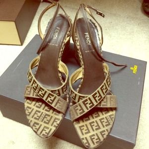 Fendi zucchino fabric wedges with leather straps