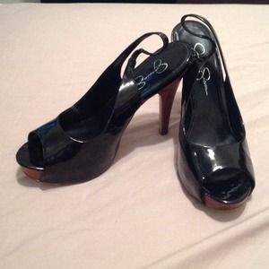 Black patent leather peep toe heels