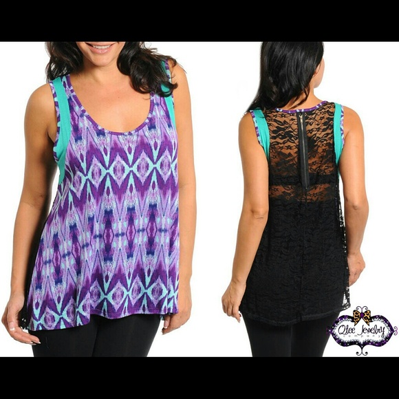 Tribal print lace back top