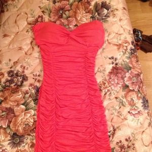 Strapless coral ruched dress