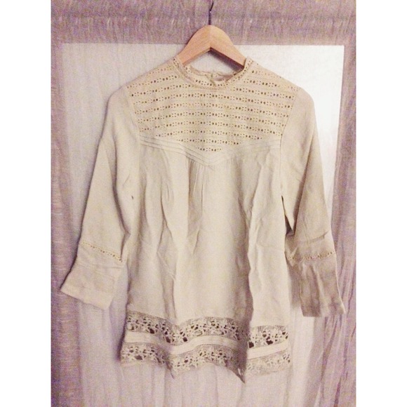 SOLD Beige High Collar Eyelit Tunic Top