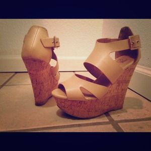 Beige Platform Wedge Sandals. Size 6.