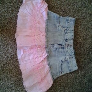 Denim and pink mini skirt