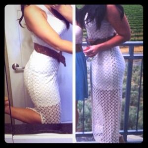 Long, crochet dress with brown belt