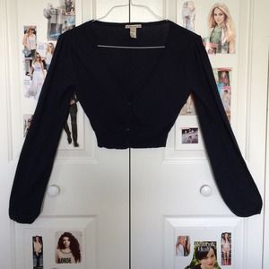 Navy Blue Bubble Sleeve Cropped Cardigan