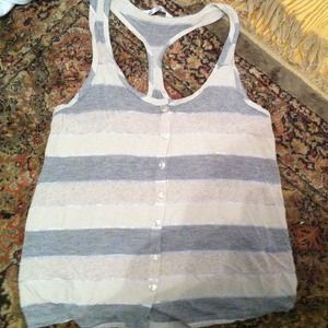 Beige and gray striped razor back tank top.