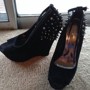Black Studded & Spiked Peep Toe Wedges