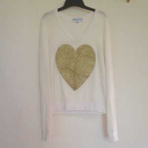 Wildfox Gold Glitter Heart V-Neck Jumper