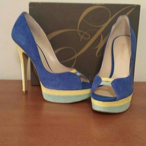 Blue, Yellow and Green Peep Toe Heel