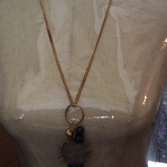 Grey Faux Fur & Purple Beads Necklace! - Picture 3 of 3