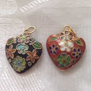 Pair of Chinese cloisonné heart pendants