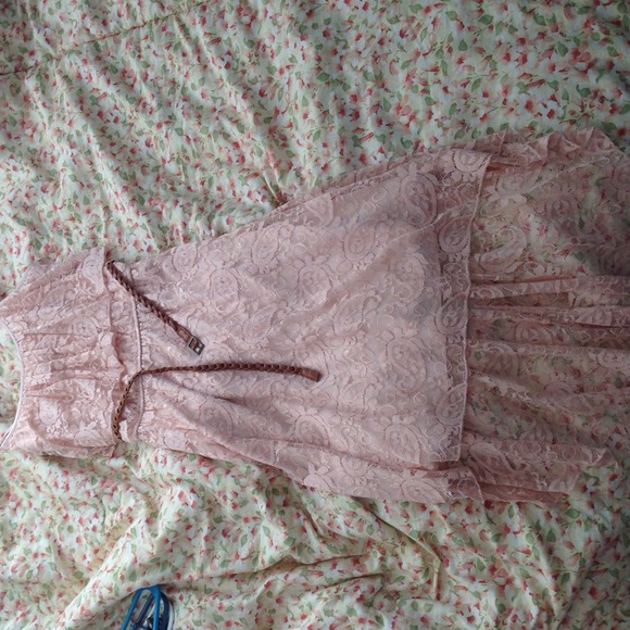 High-low, blush colored, lace dress