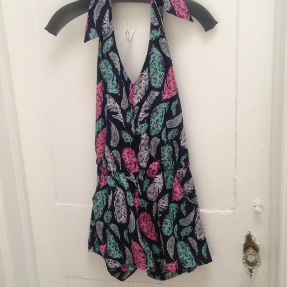 Feather print halter romper