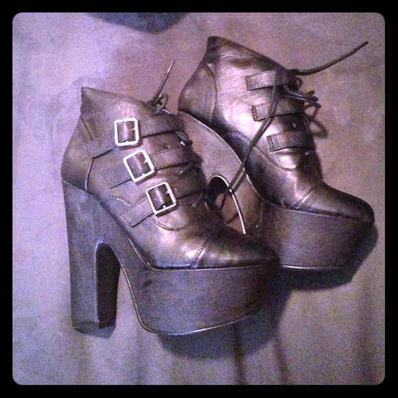 Black faux leather platform booties with buckles