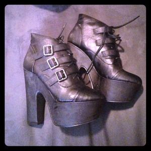 Black faux leather platform booties with buckles