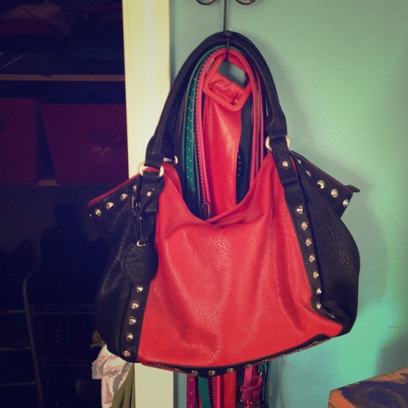 Black and red silver studded faux leather purse