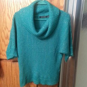 Small green cowl neck sweater.
