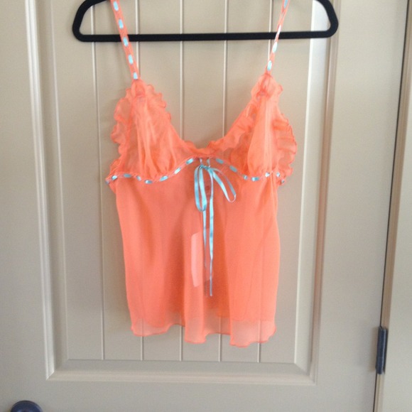 Tops - Orange with aqua ribbon 100% silk sheer top M