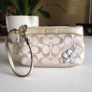 Coach Metallic Gold Wristlet With Flowers