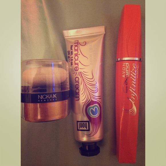 Body shimmer, mascara, and manicure cream