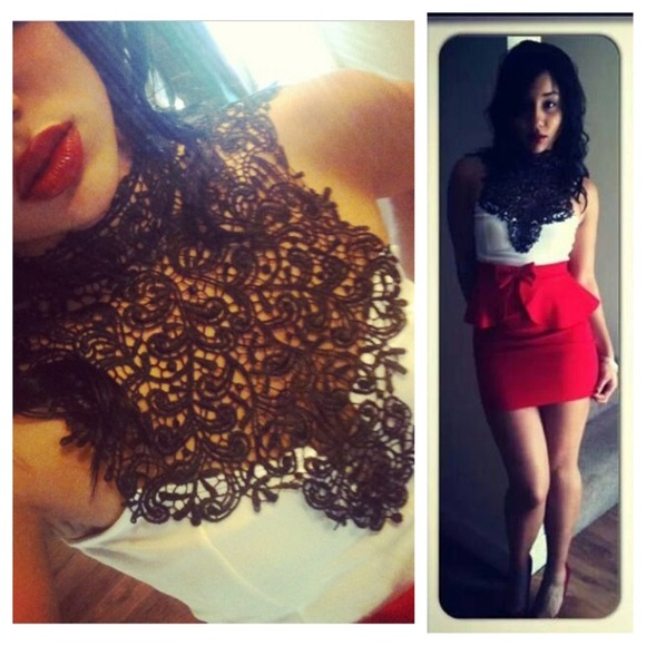 Tops - ✋HOLD✋White&Black Lace Crop,red skirt, white crop