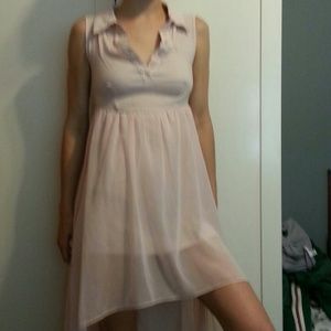 Baby-pink, chiffon, high-low collared dress.