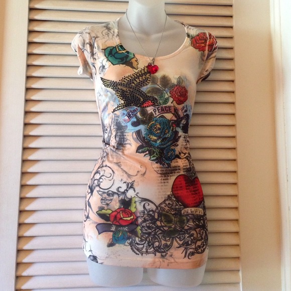 Rose and Bird Embellished w/bling Scroll Top XL