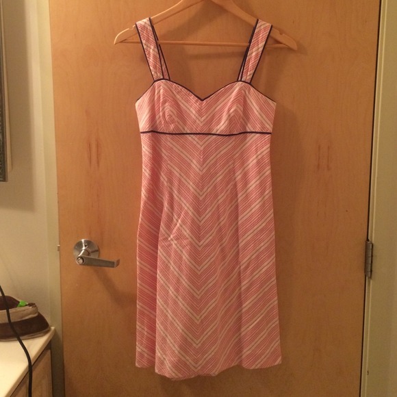 Pink and white striped Lilly dress, navy accent