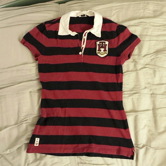 Navy & maroon striped short sleeve preppy polo - Picture 2 of 4
