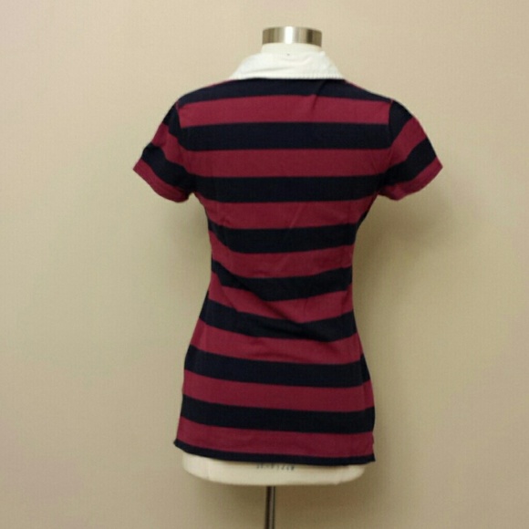 Navy & maroon striped short sleeve preppy polo - Picture 4 of 4