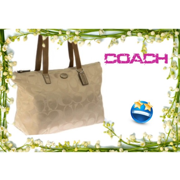 Beige Khaki Coach Signature Nylon Weekender Tote