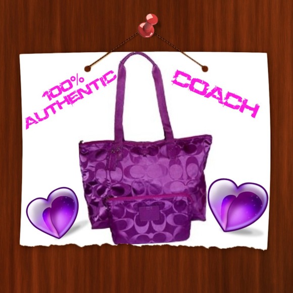 Purple Coach Signature Nylon Weekender Tote
