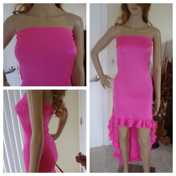 Sexy neon pink super stretch ruffle dress - Picture 2 of 4