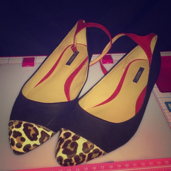 Flat red/black/animal print/strap/pointy toe