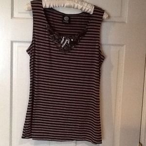 Bobeau tank top grayish mauve and black stripes.