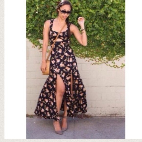 Brandy Melville Black Floral Cutout Slit Dress