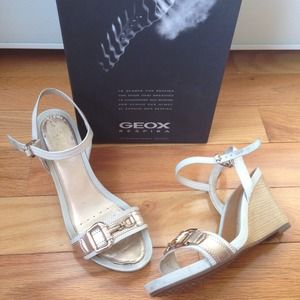 White & Gold Geox Wooden Wedge Sandals w/ Buckle