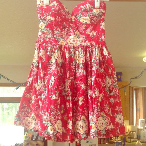 Strapless Red Floral Dress