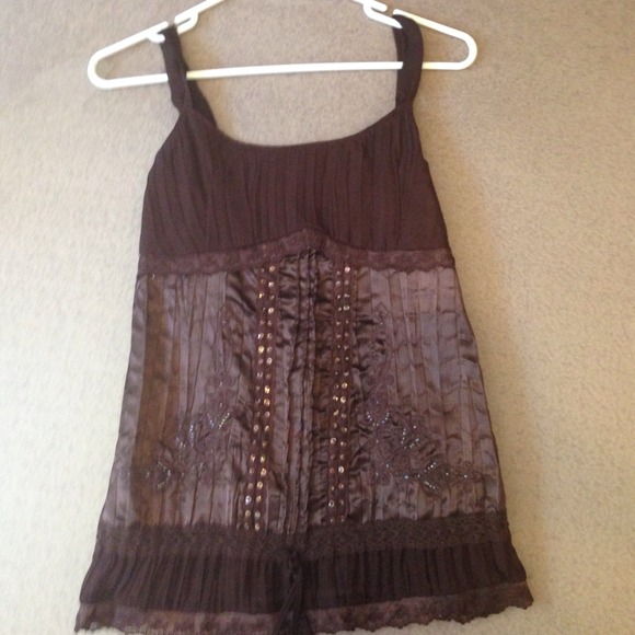 Dark Brown Pleated Sequin Tank with Lace Trimming