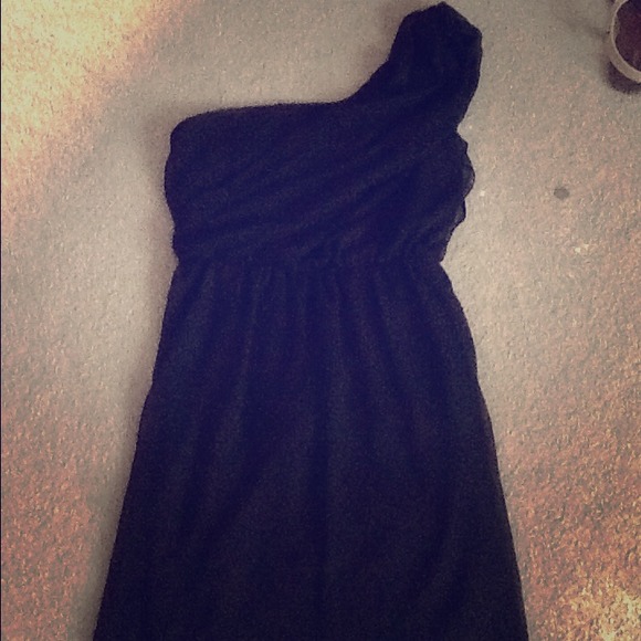 Black, one shoulder, mid thigh length dress