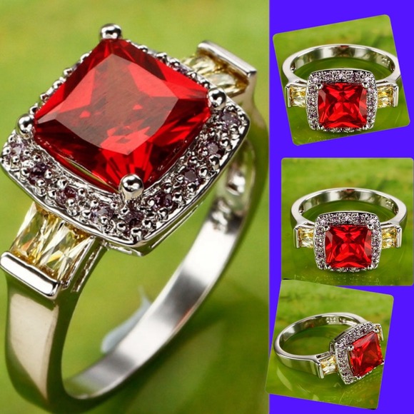 Princess Cut Garnet & Green Amethyst ring - Picture 1 of 4