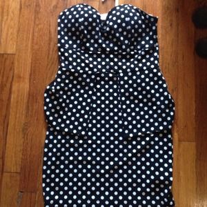 Black and white polka dot elastic peplum dress