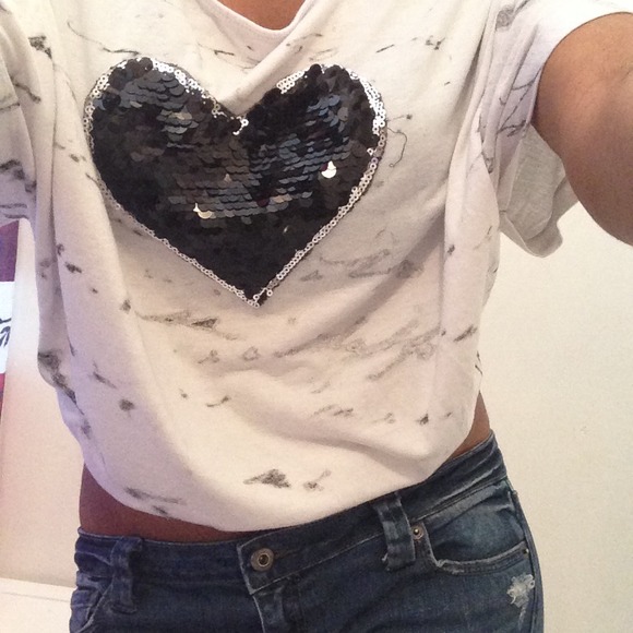 Cute White Crop Tee w/ Black Sequin Heart