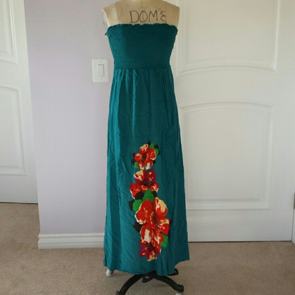 Turquoise strapless maxi dress with floral design