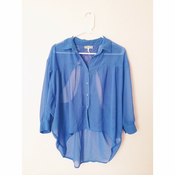 Sheer Blue Blouse with Lace Cut Out Back