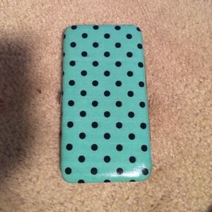 Teal and black polka dot wallet
