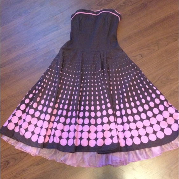 Strapless pink and brown polka dot dress