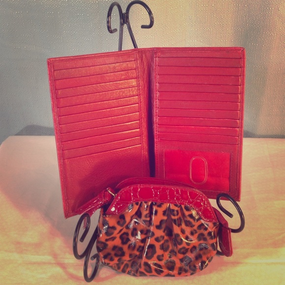 None Clutches & Wallets - Brick Red Leather Large Wallet & Leopard Coinpurse